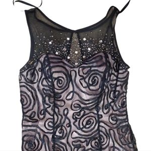 Ignite Evening Black and Tan Lined Dress With Beaded Illusion Neckline Size 10